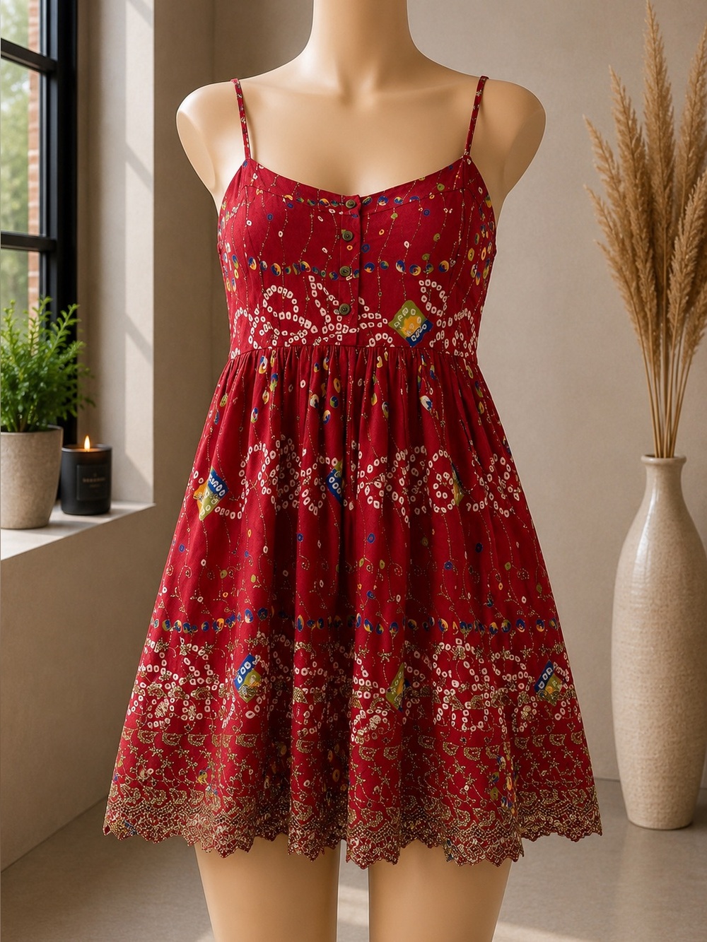 Free People Red Boho Bandana Print Mini Dress Shimmer Hem Size S